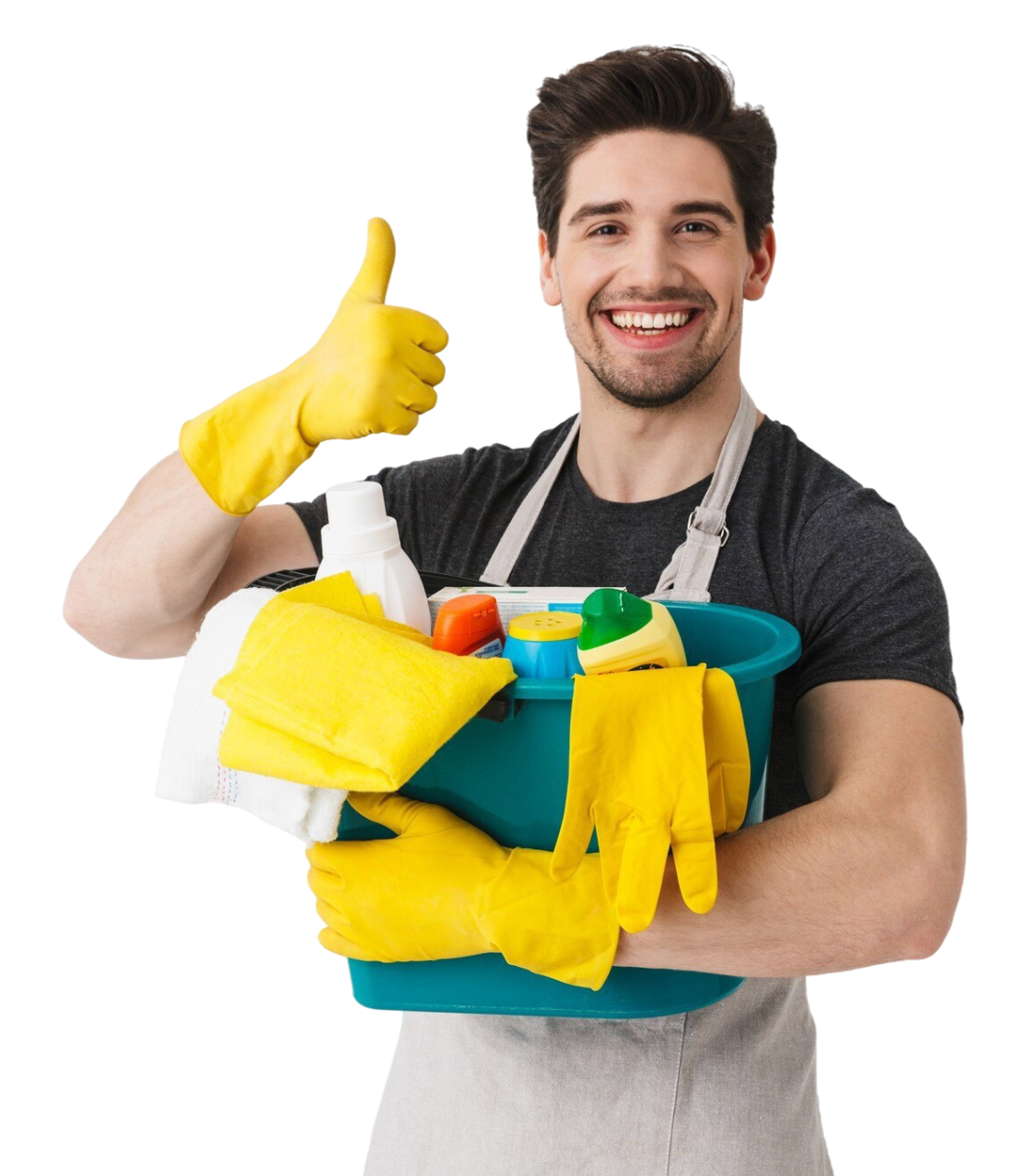 chico con productos de limpieza